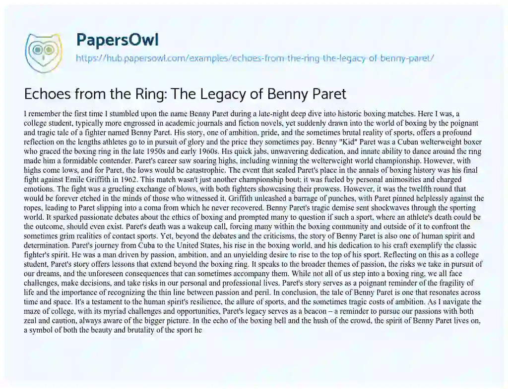 Essay on Echoes from the Ring: The Legacy of Benny Paret