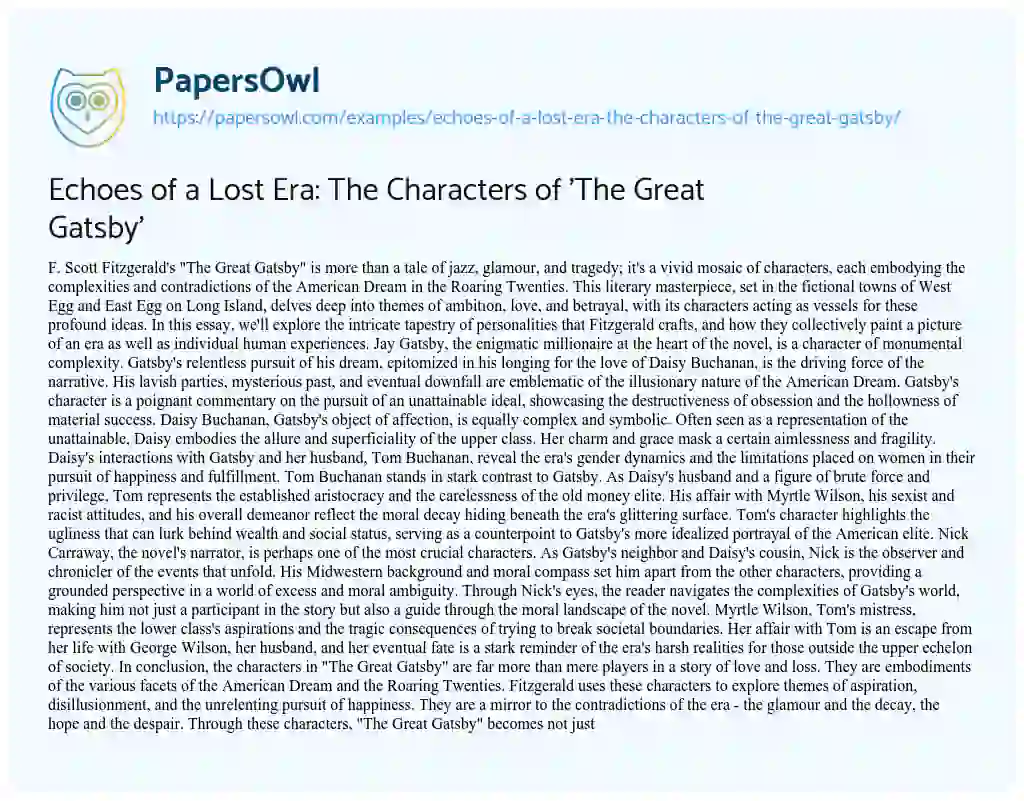 Essay on Echoes of a Lost Era: The Characters of ‘The Great Gatsby’