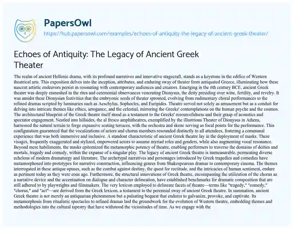 Essay on Echoes of Antiquity: The Legacy of Ancient Greek Theater