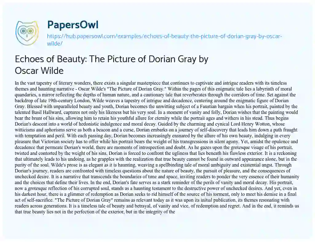 Essay on Echoes of Beauty: The Picture of Dorian Gray by Oscar Wilde