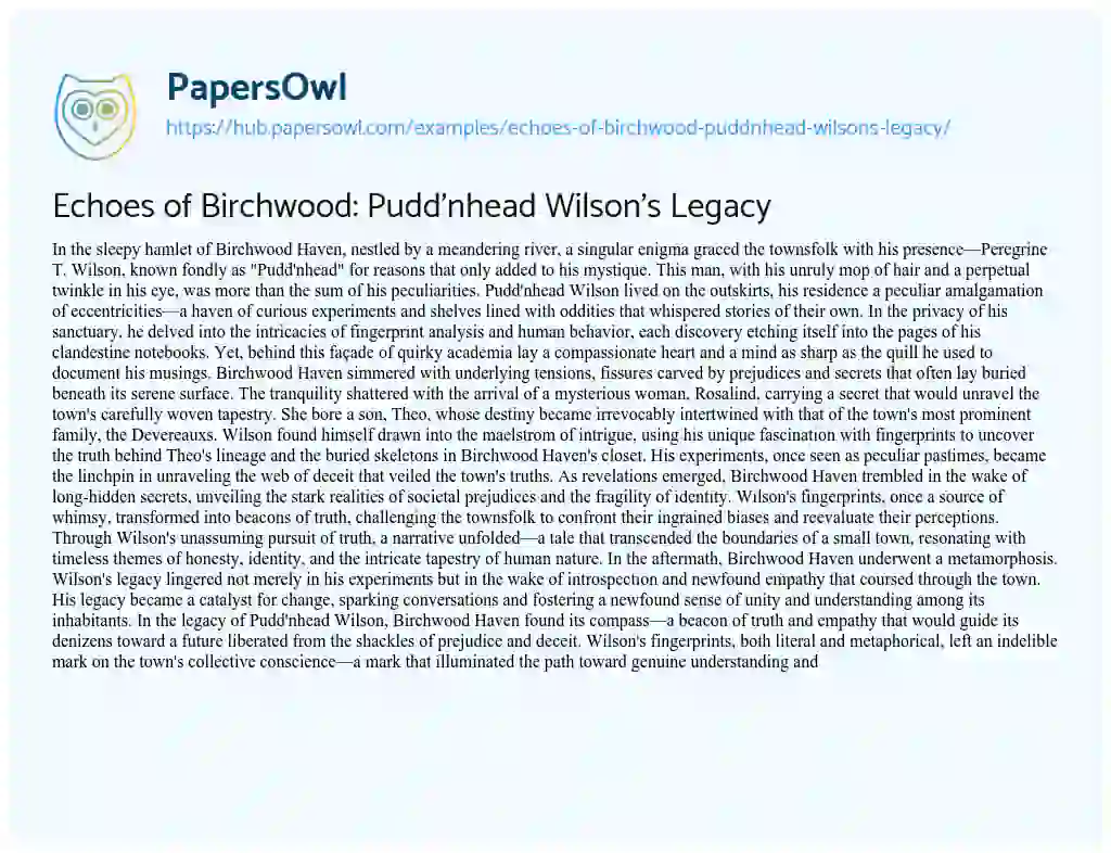 Essay on Echoes of Birchwood: Pudd’nhead Wilson’s Legacy