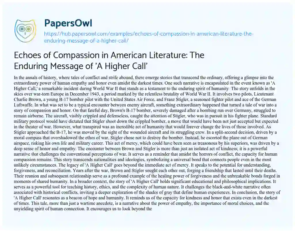 Essay on Echoes of Compassion in American Literature: The Enduring Message of ‘A Higher Call’
