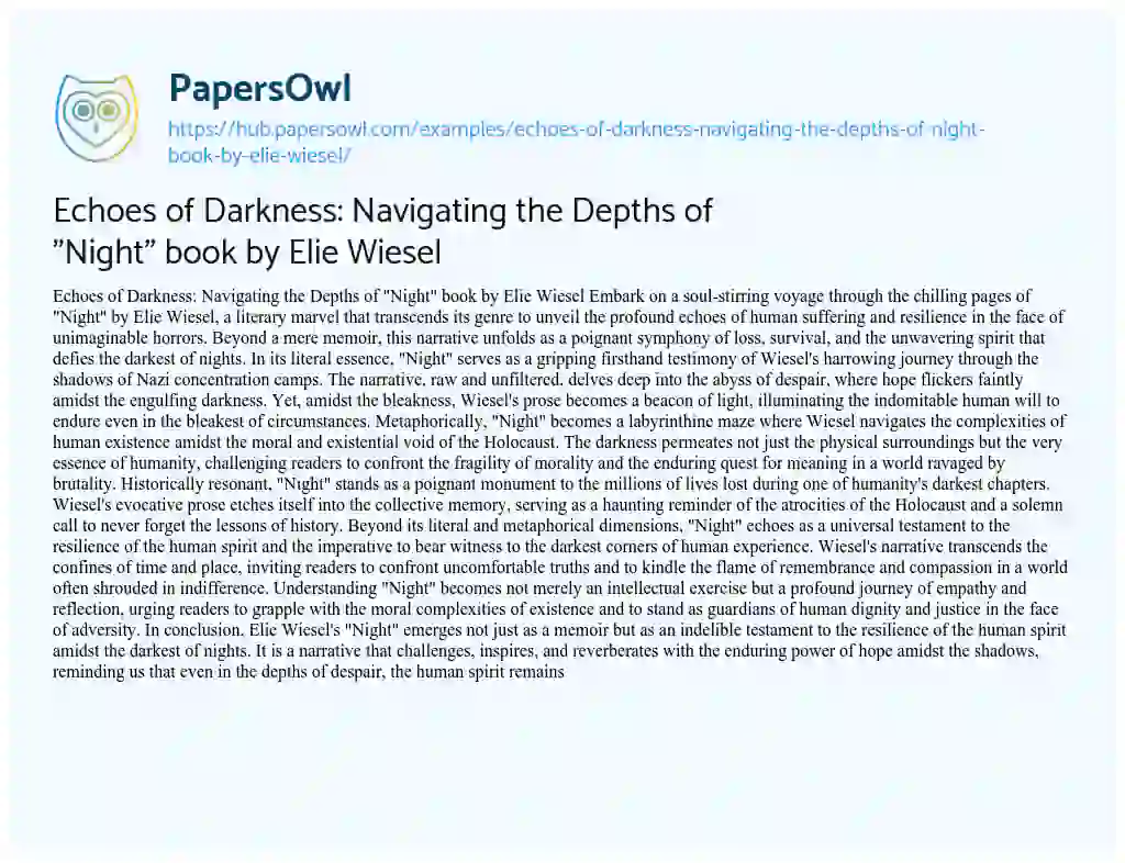 Essay on Echoes of Darkness: Navigating the Depths of “Night” book by Elie Wiesel