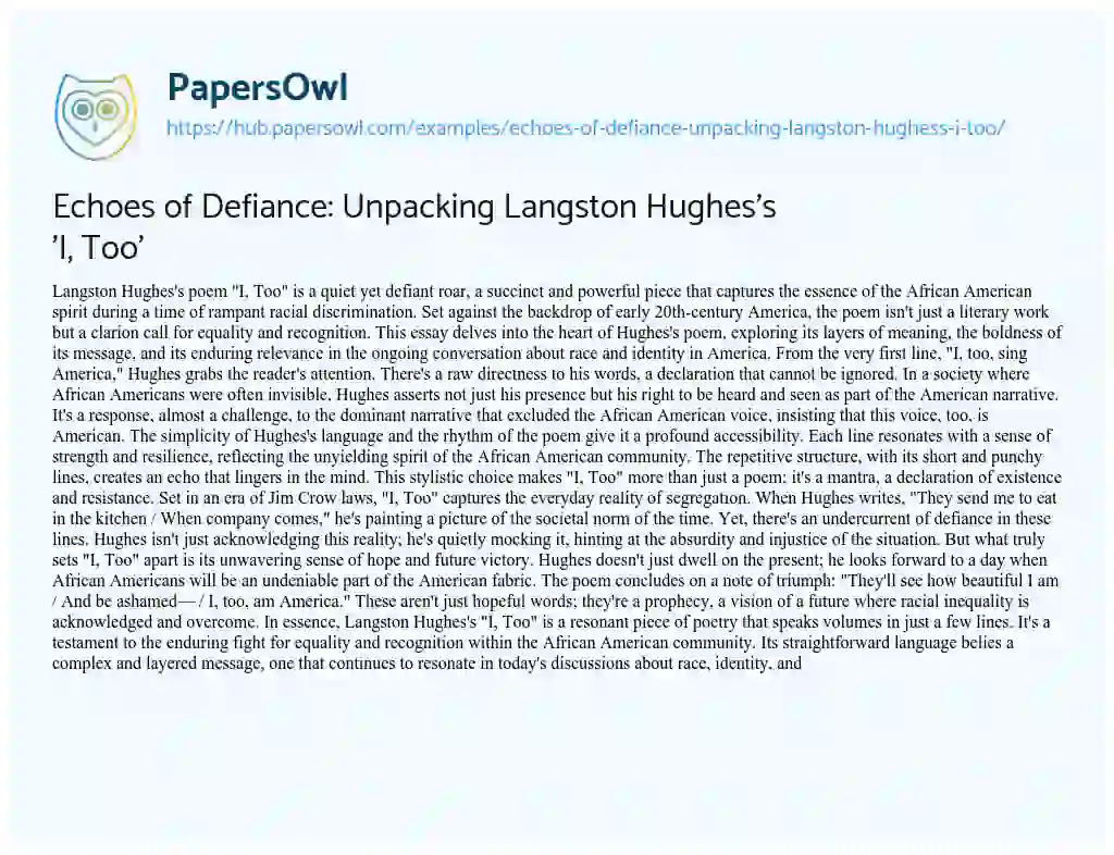 Essay on Echoes of Defiance: Unpacking Langston Hughes’s ‘I, Too’