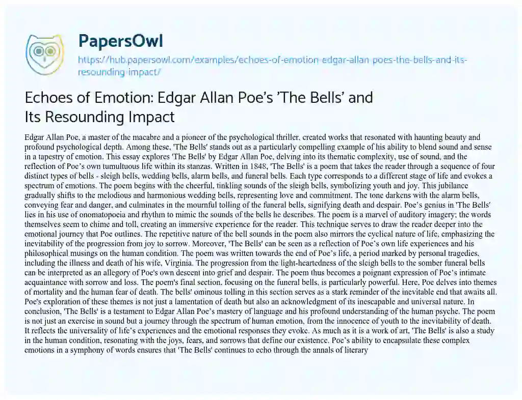 Essay on Echoes of Emotion: Edgar Allan Poe’s ‘The Bells’ and Its Resounding Impact