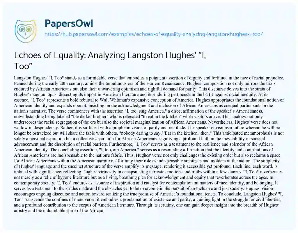 Essay on Echoes of Equality: Analyzing Langston Hughes’ “I, Too”