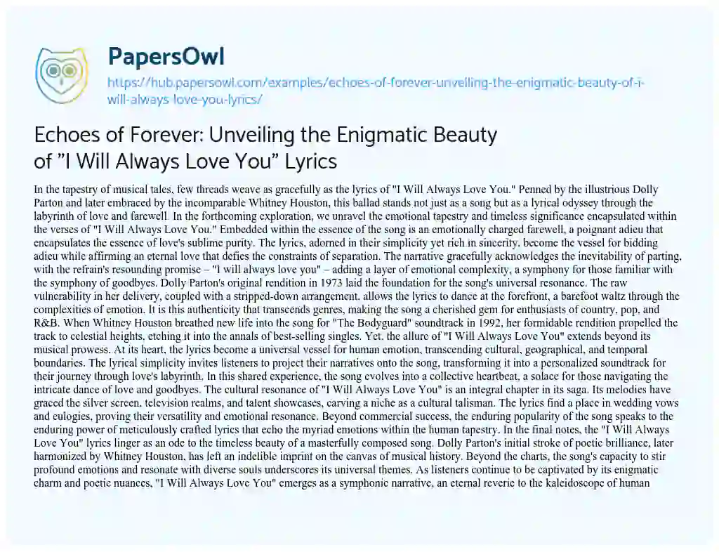 Essay on Echoes of Forever: Unveiling the Enigmatic Beauty of “I Will Always Love You” Lyrics
