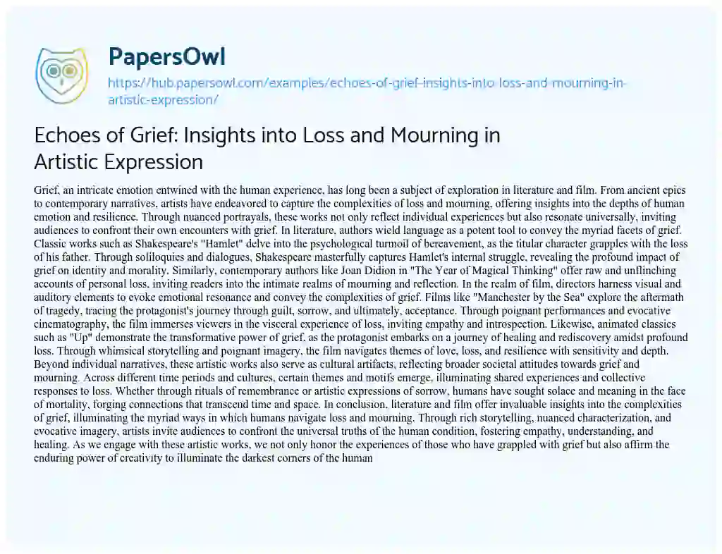 Essay on Echoes of Grief: Insights into Loss and Mourning in Artistic Expression
