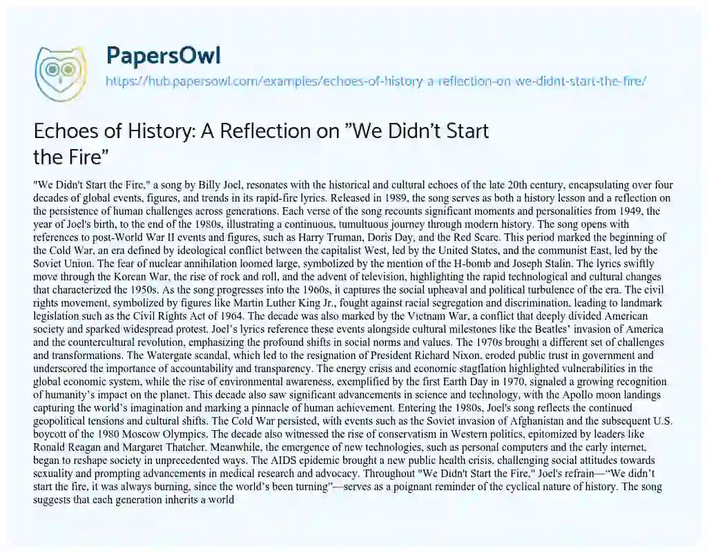 Essay on Echoes of History: A Reflection on “We Didn’t Start the Fire”
