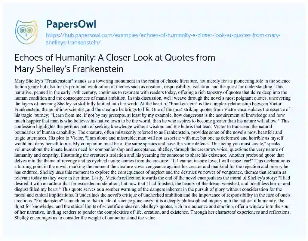 Essay on Echoes of Humanity: A Closer Look at Quotes from Mary Shelley’s Frankenstein