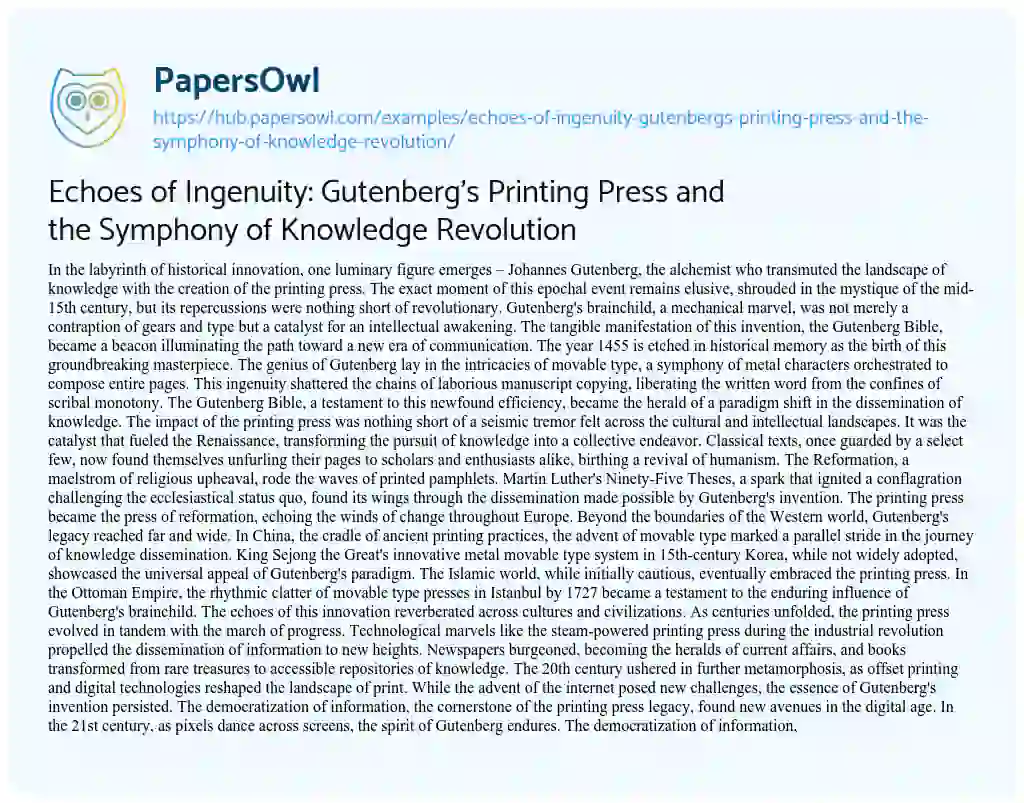 Essay on Echoes of Ingenuity: Gutenberg’s Printing Press and the Symphony of Knowledge Revolution