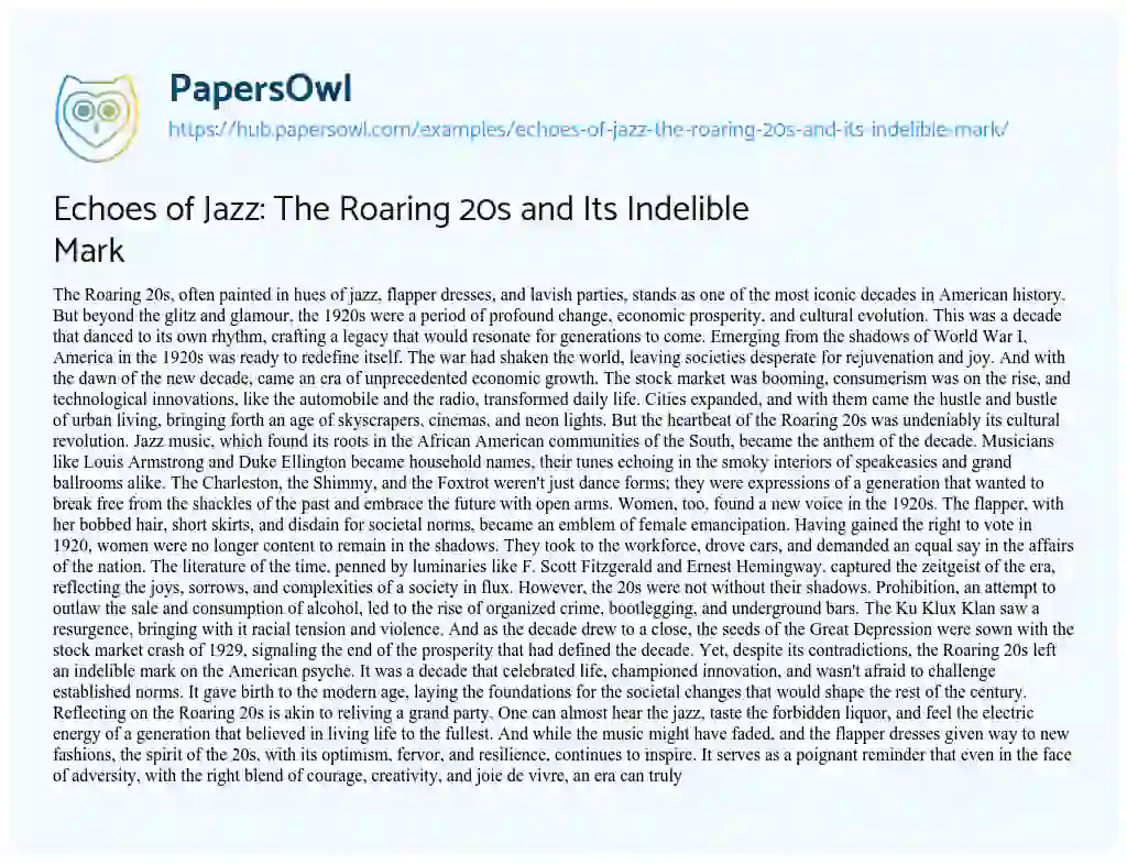 Essay on Echoes of Jazz: The Roaring 20s and Its Indelible Mark