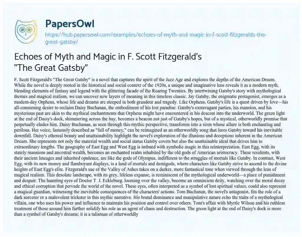 Essay on Echoes of Myth and Magic in F. Scott Fitzgerald’s “The Great Gatsby”