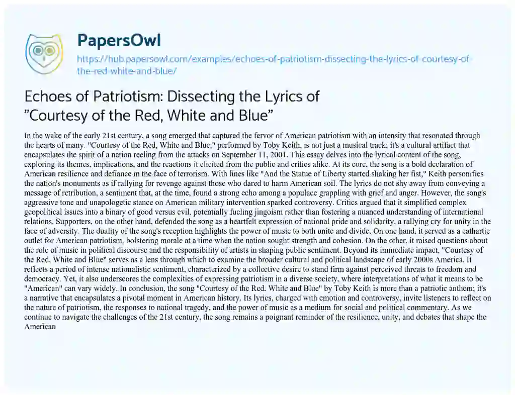 Essay on Echoes of Patriotism: Dissecting the Lyrics of “Courtesy of the Red, White and Blue”