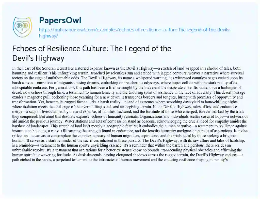 Essay on Echoes of Resilience Culture: The Legend of the Devil’s Highway