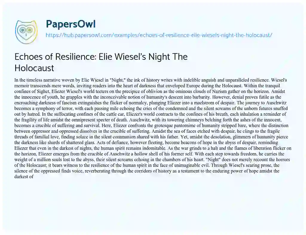 Essay on Echoes of Resilience: Elie Wiesel’s Night The Holocaust
