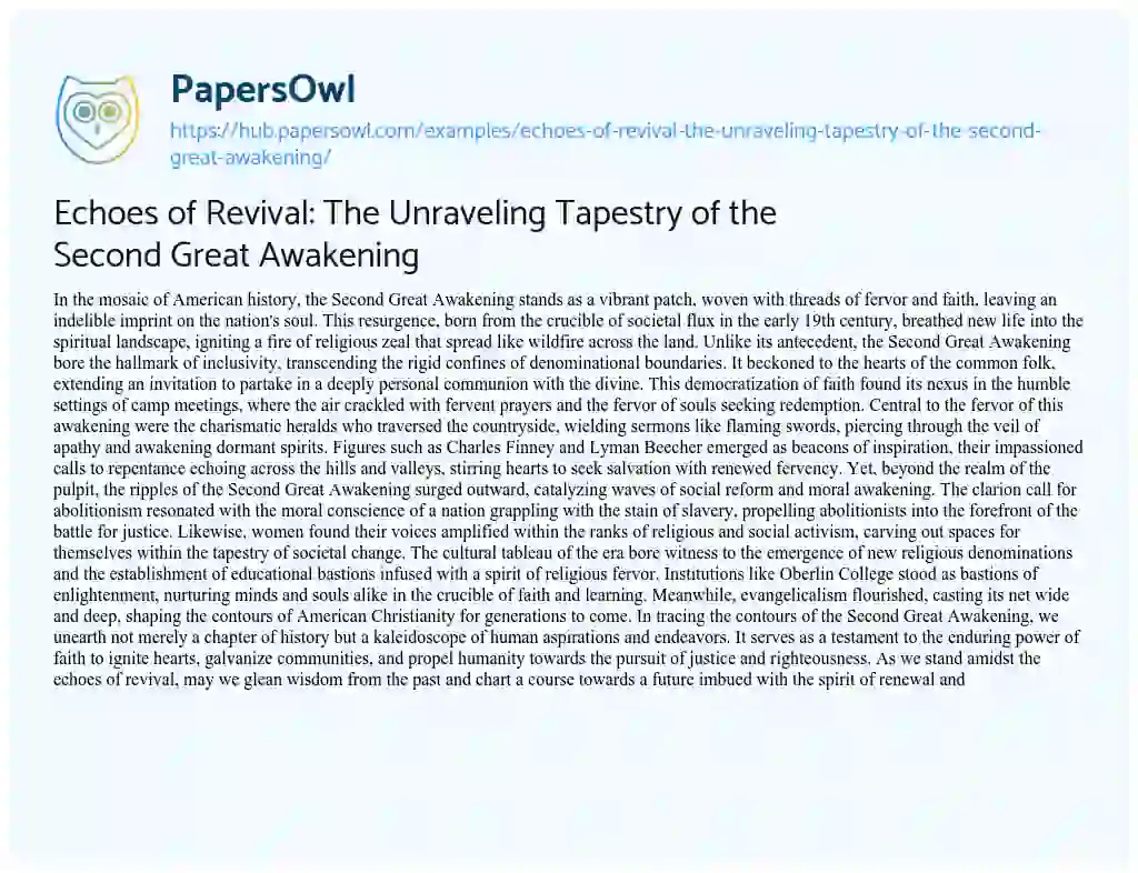 Essay on Echoes of Revival: The Unraveling Tapestry of the Second Great Awakening