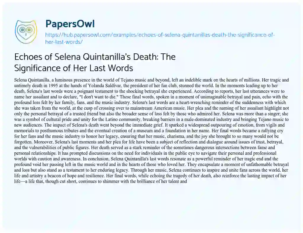Essay on Echoes of Selena Quintanilla’s Death: The Significance of Her Last Words