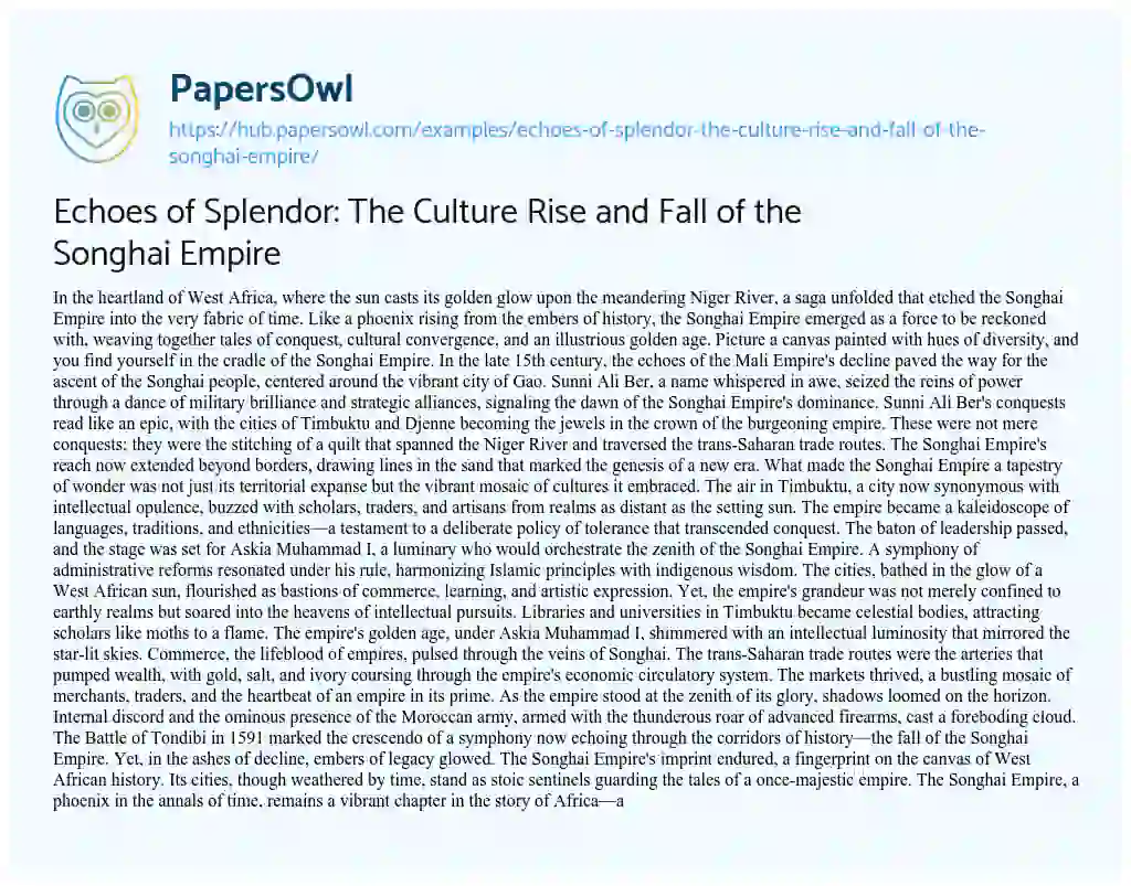 Essay on Echoes of Splendor: The Culture Rise and Fall of the Songhai Empire