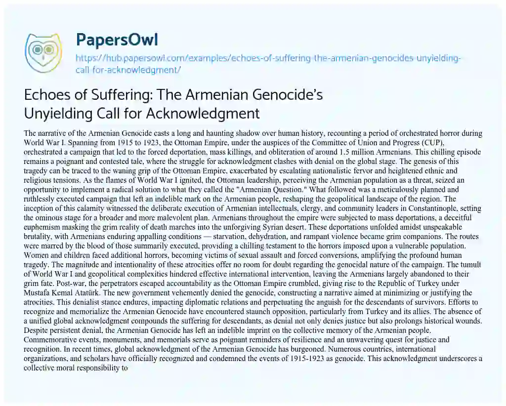 Essay on Echoes of Suffering: The Armenian Genocide’s Unyielding Call for Acknowledgment