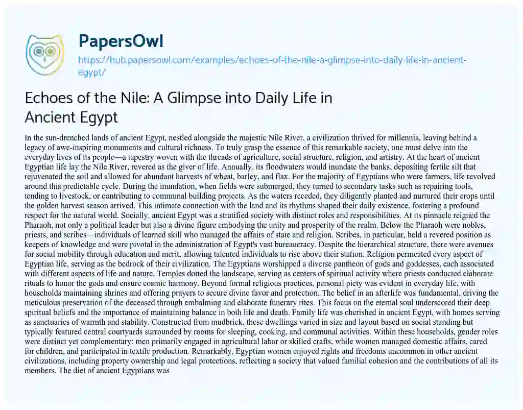 Essay on Echoes of the Nile: A Glimpse into Daily Life in Ancient Egypt