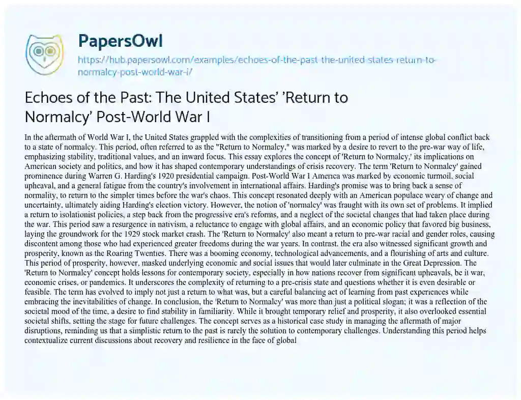Essay on Echoes of the Past: The United States’ ‘Return to Normalcy’ Post-World War I