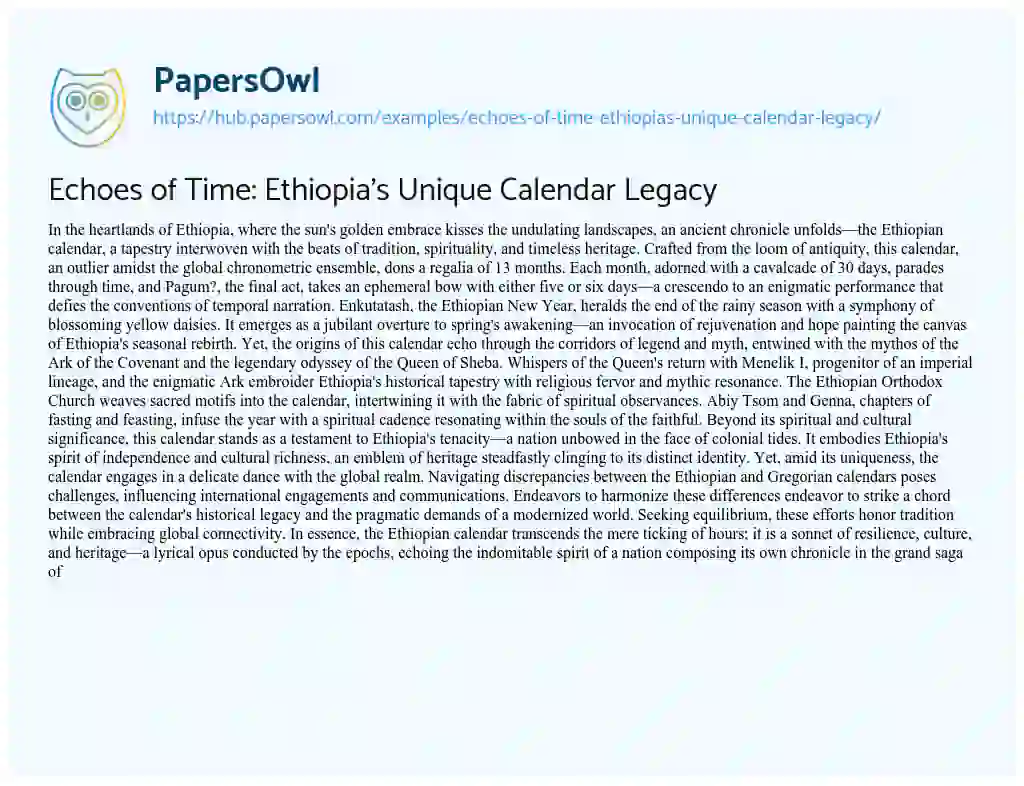 Essay on Echoes of Time: Ethiopia’s Unique Calendar Legacy
