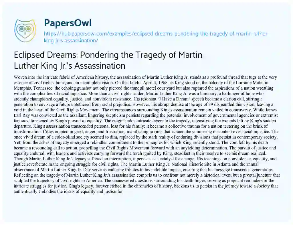 Essay on Eclipsed Dreams: Pondering the Tragedy of Martin Luther King Jr.’s Assassination