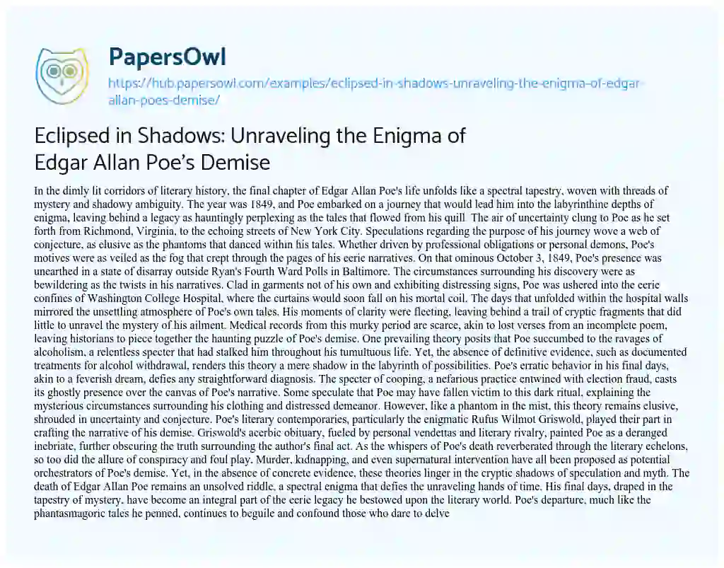 Essay on Eclipsed in Shadows: Unraveling the Enigma of Edgar Allan Poe’s Demise