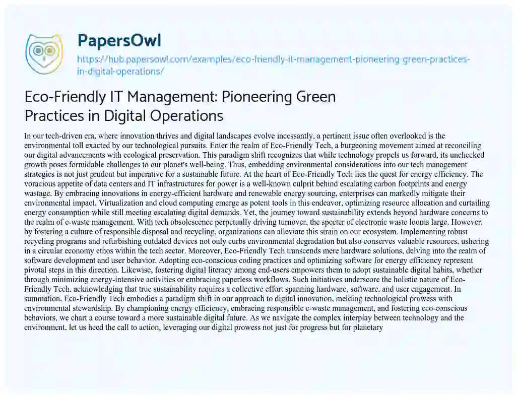 Essay on Eco-Friendly IT Management: Pioneering Green Practices in Digital Operations