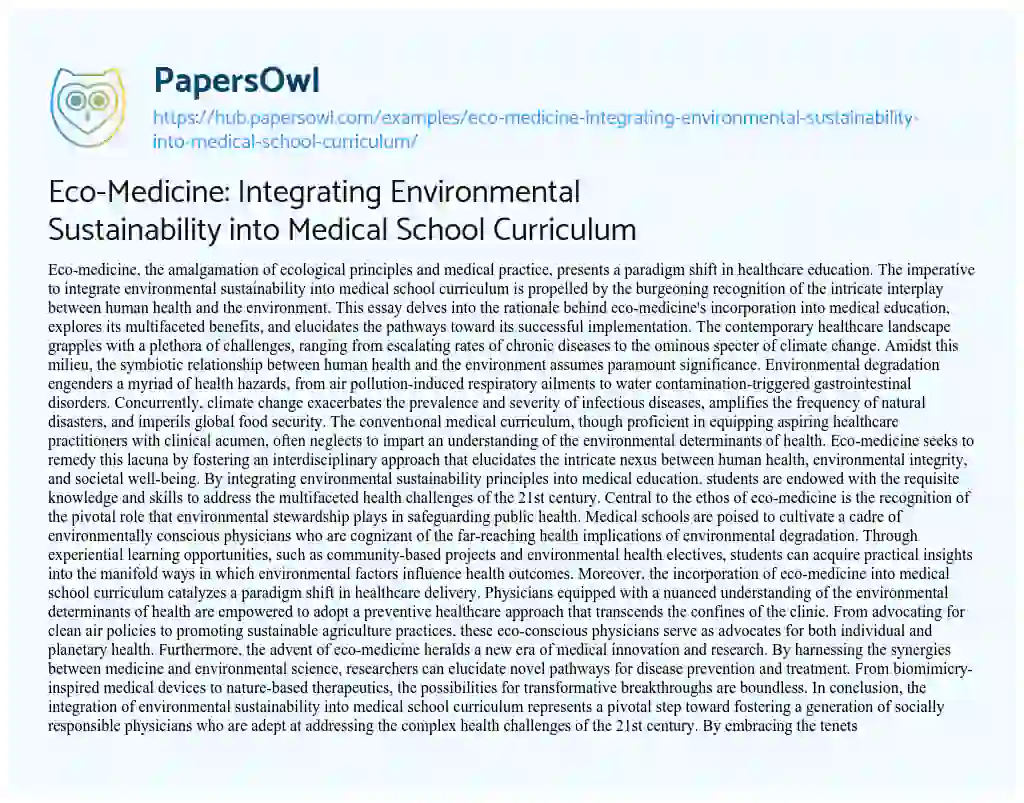 Essay on Eco-Medicine: Integrating Environmental Sustainability into Medical School Curriculum