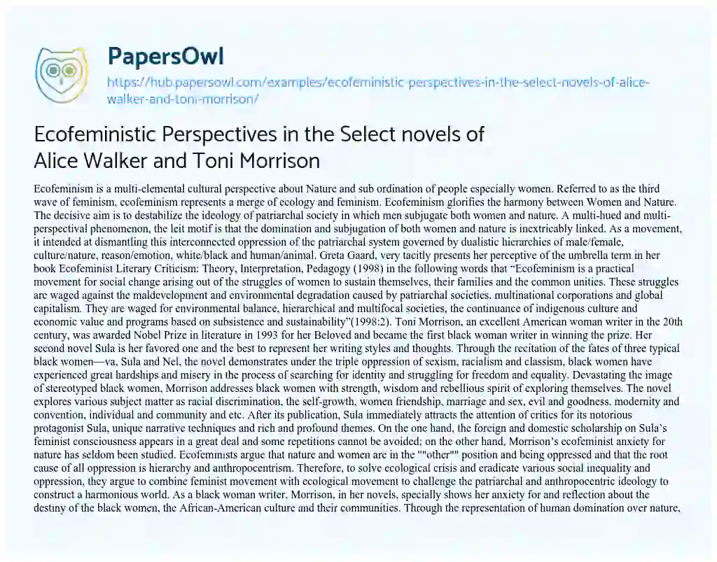 Essay on Ecofeministic Perspectives in the Select novels of Alice Walker and Toni Morrison
