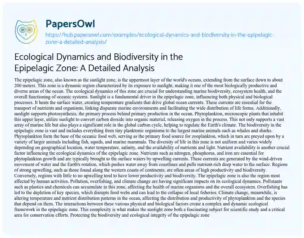 Essay on Ecological Dynamics and Biodiversity in the Epipelagic Zone: A Detailed Analysis