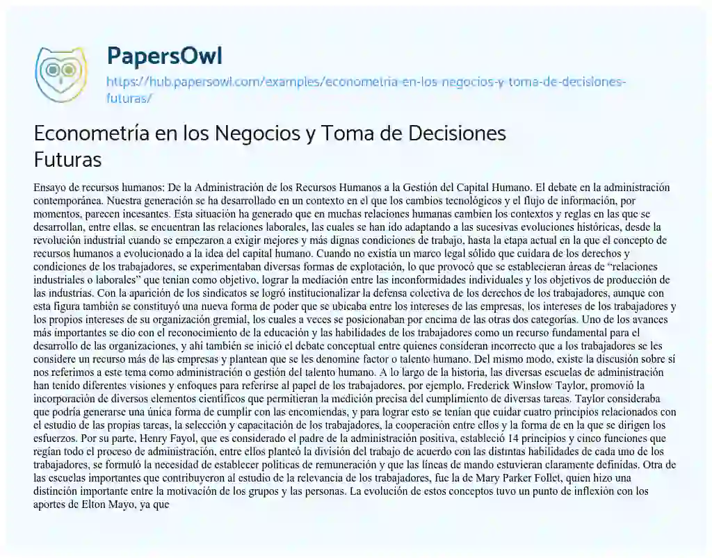 Essay on Econometría en los Negocios y Toma de Decisiones Futuras