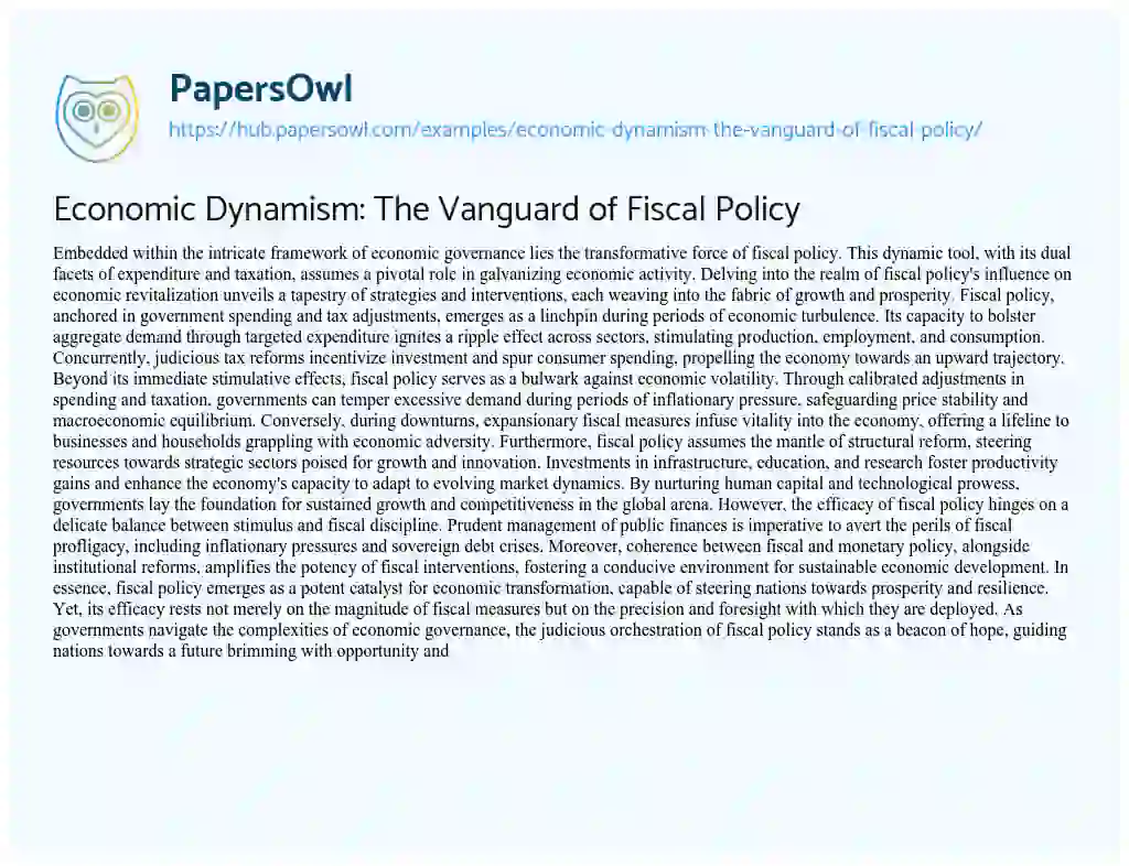 Essay on Economic Dynamism: The Vanguard of Fiscal Policy