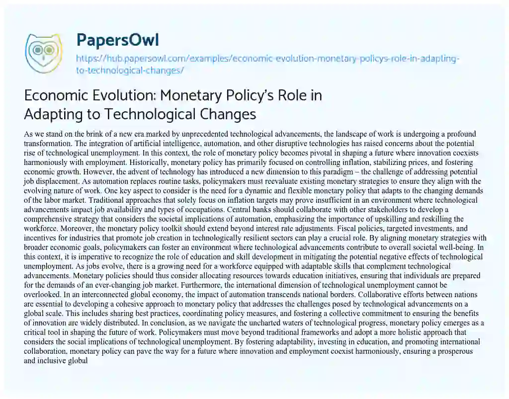 Essay on Economic Evolution: Monetary Policy’s Role in Adapting to Technological Changes