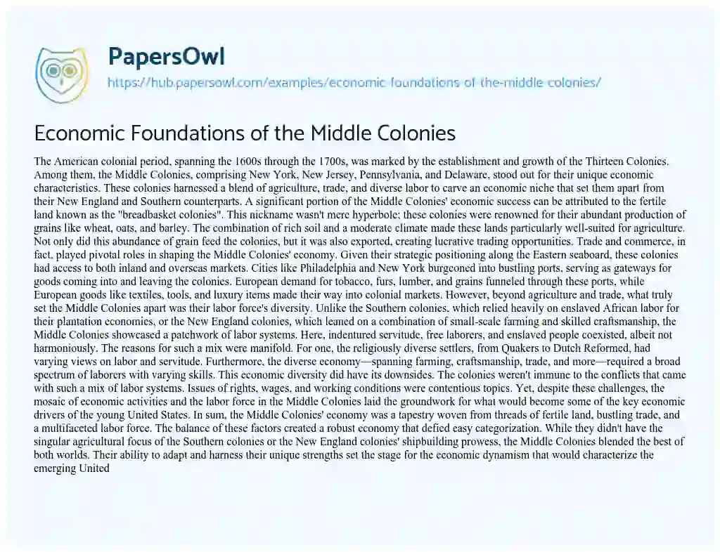 Essay on Economic Foundations of the Middle Colonies