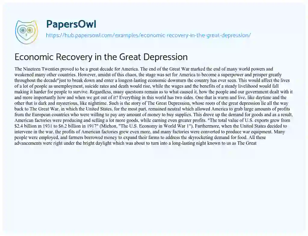 Essay on Economic Recovery in the Great Depression