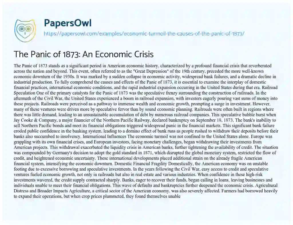 Essay on The Panic of 1873: An Economic Crisis
