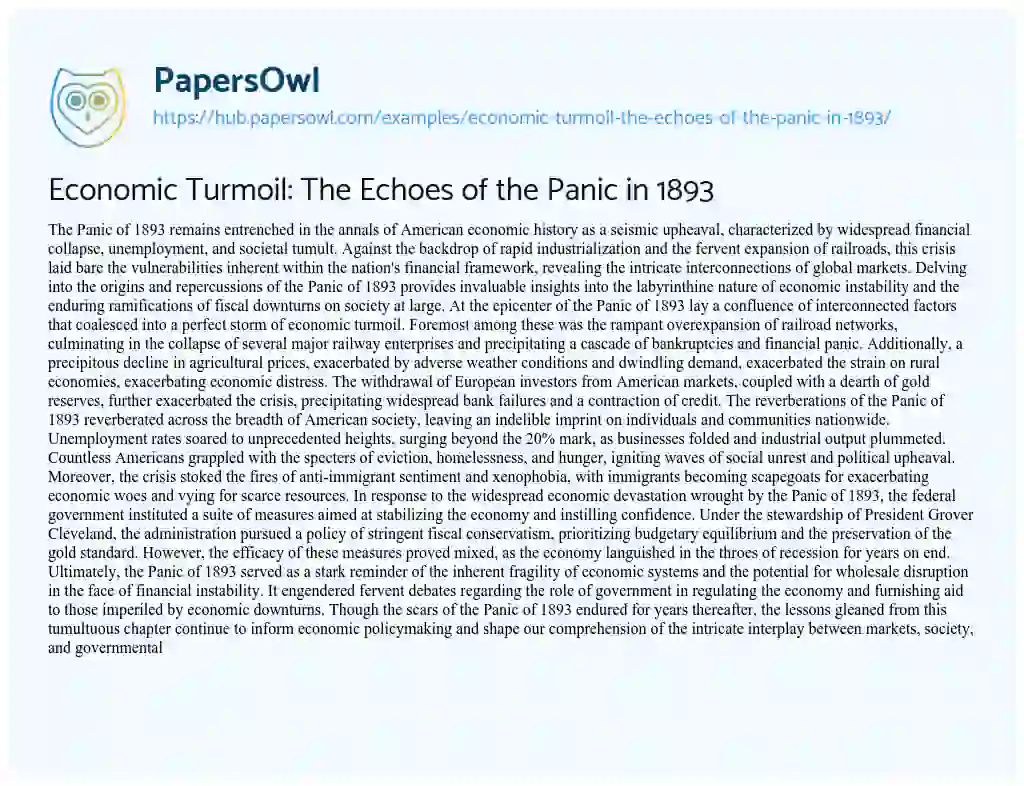 Essay on Economic Turmoil: The Echoes of the Panic in 1893