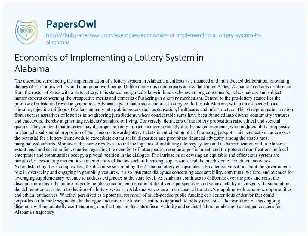 Essay on Economics of Implementing a Lottery System in Alabama