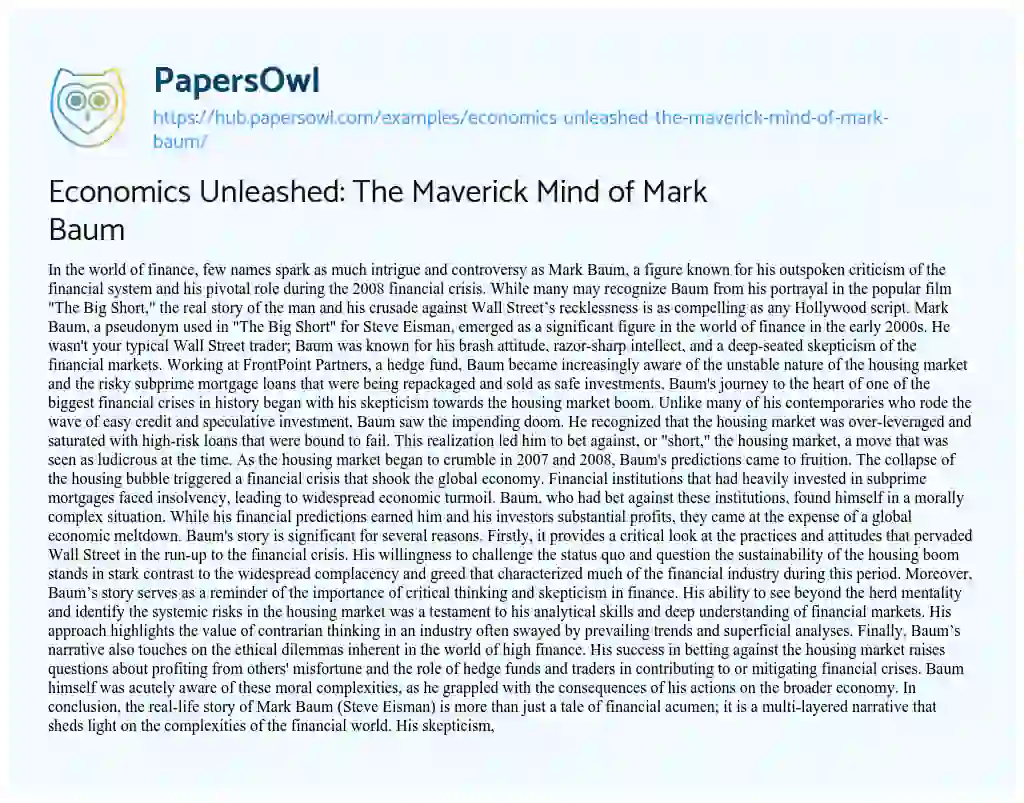 Essay on Economics Unleashed: The Maverick Mind of Mark Baum