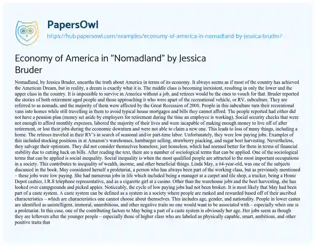Essay on Economy of America in “Nomadland” by Jessica Bruder