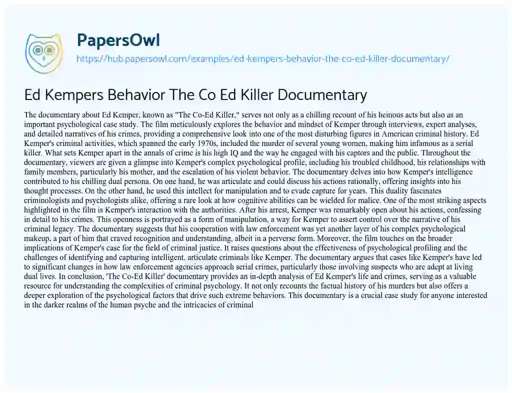 Essay on Ed Kempers Behavior The Co Ed Killer Documentary