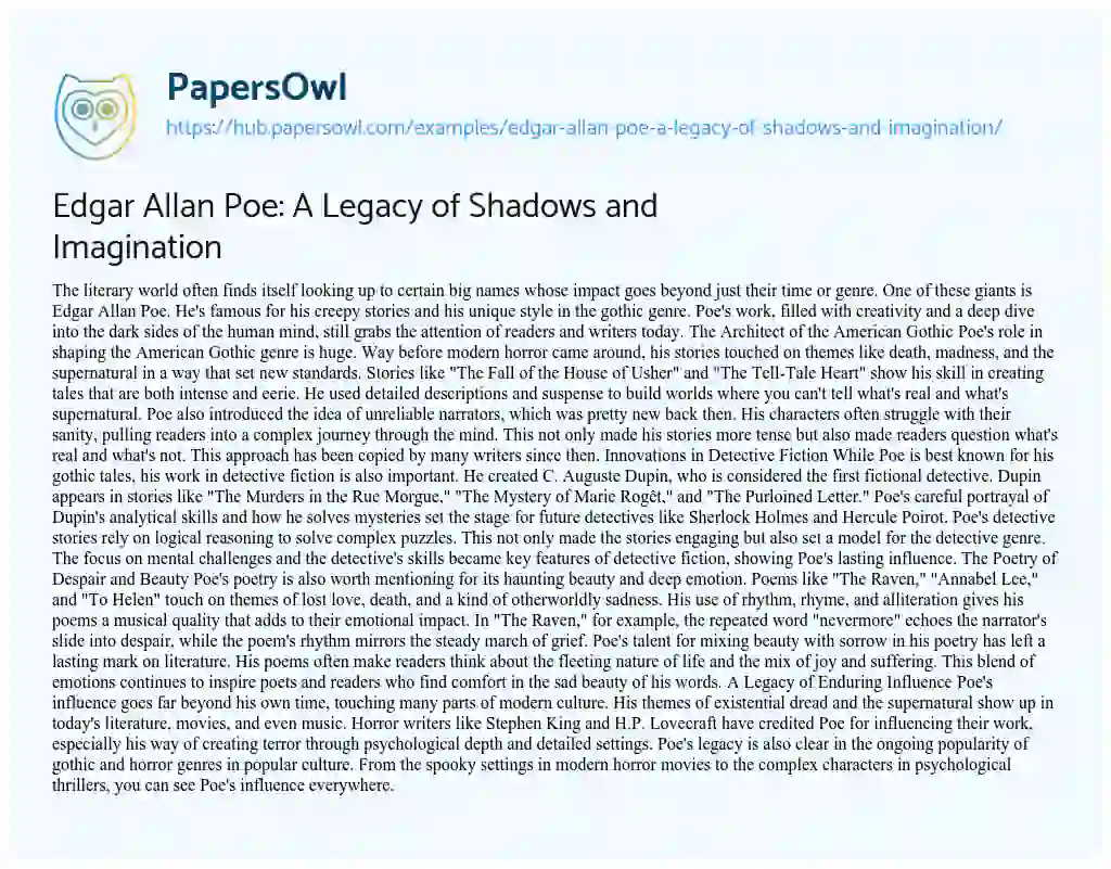 Essay on Edgar Allan Poe: A Legacy of Shadows and Imagination