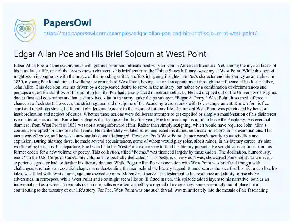 Essay on Edgar Allan Poe and His Brief Sojourn at West Point