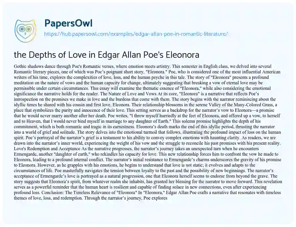 Essay on the Depths of Love in Edgar Allan Poe’s Eleonora