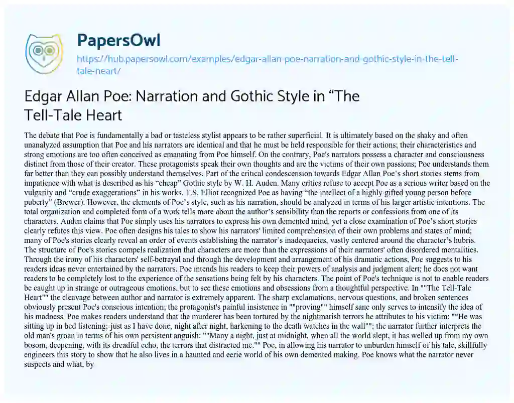 Essay on Edgar Allan Poe: Narration and Gothic Style in “The Tell-Tale Heart