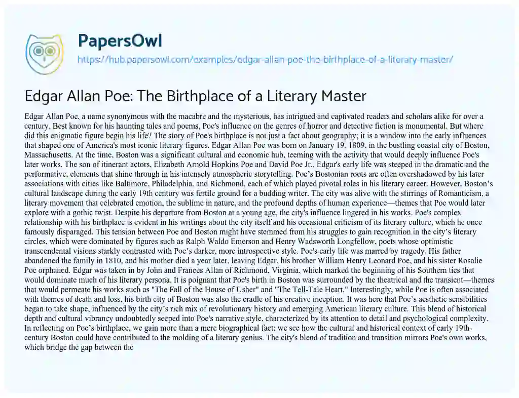Essay on Edgar Allan Poe: The Birthplace of a Literary Master