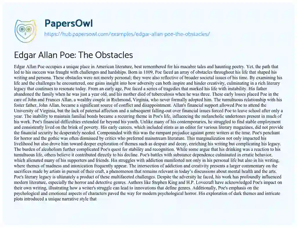 Essay on Edgar Allan Poe: The Obstacles
